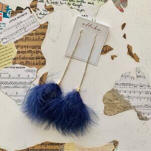 Ettika x Revolve 18K Gold Plated Chain Pom Duster Blue Drop Feather Earrings